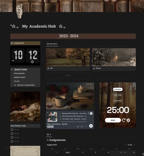 Dark Academia Student Notion notionacademicpl Dark Academia Student, Dark Academia Notion, 2nd Brain, Love Dark Academia, Notion Templates For Students, Notion Layout, Study Planner Free, Rain Ambience, Aesthetic Notion Template