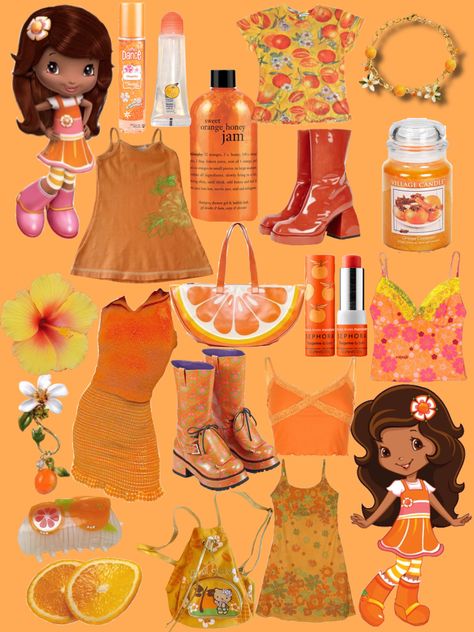 Strawberry Shortcake Halloween Costumes Group, Strawberry Shortcake Orange Blossom Costume Ideas, Strawberry Shortcake Characters Halloween Costume, Orange Themed Outfit, Orange Blossom Inspired Outfit, Orange Blossom Costume Ideas, Strawberry Shortcake Character Inspired Outfits, Strawberry Shortcake And Orange Blossom Halloween, Orange Blossom Cosplay