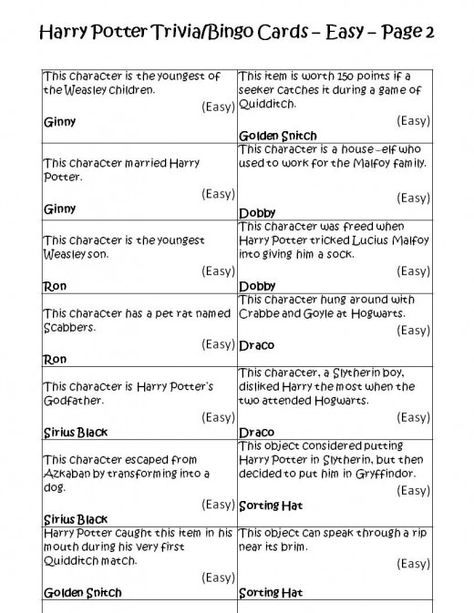 Harry Potter trivia or Bingo cards -- easy to print and go. This site has easy and medium-hard trivia about the books for kids.  It's helpful that the answers are printed right on the card. You don't need to make another click to get them.  Printables, children's books, magic, J. K. Rowling Harry Potter Jeopardy, Harry Potter Trivia Questions And Answers, Harry Potter Questions And Answers, Harry Potter Birthday Games, 4h Games, Class Goals, Harry Potter Trivia Questions, Harry Potter Trivia, Harry Potter Party Games