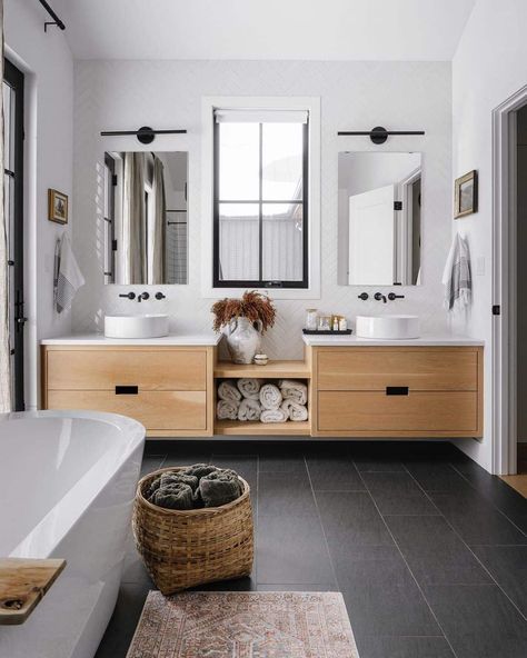 Dark Tile Bathroom Floor, Black Hexagon Tile Bathroom, Black Bathroom Floor Tiles, Dark Tile Bathroom, Black Tile Bathroom Floor, Hexagon Tile Bathroom Floor, Wood Double Vanity, Black Bathroom Floor, Hexagon Tile Bathroom