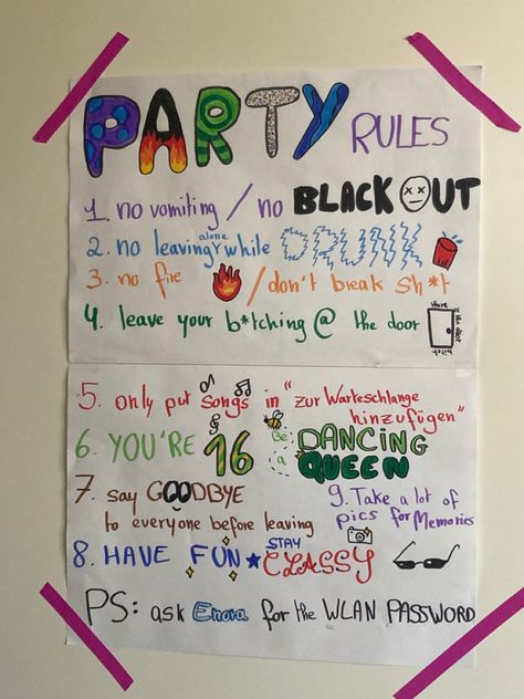 Party rules~ Party Rules Poster, House Party Rules, Rules Aesthetic, Party Rules, Color Party, Drinking Party, Adult Party Games, Bullet Journal Writing, House Rules