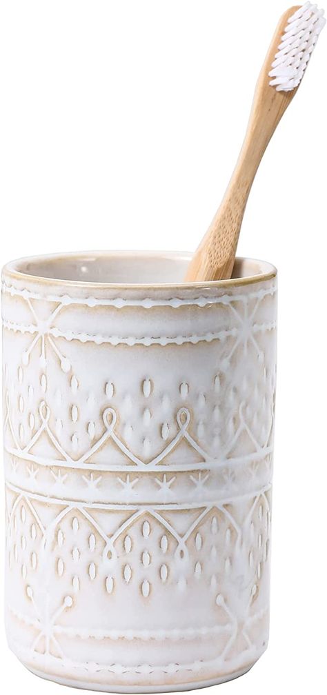 Amazon.com: Ceramic Toothbrush Holder, Bathroom Cup Countertop for Pens, Makeup Brushes Organizer Stand, Cream Vintage Emboss Tumbler Cup, Ideal for Home, Hotel : Home & Kitchen Boho Toothbrush Holder, Embossed Tile, Mediterranean Bathroom, Ceramic Toothbrush Holder, Bathroom Plans, Makeup Brush Organization, Hotel Home, Toilet Brush, Tumbler Cups