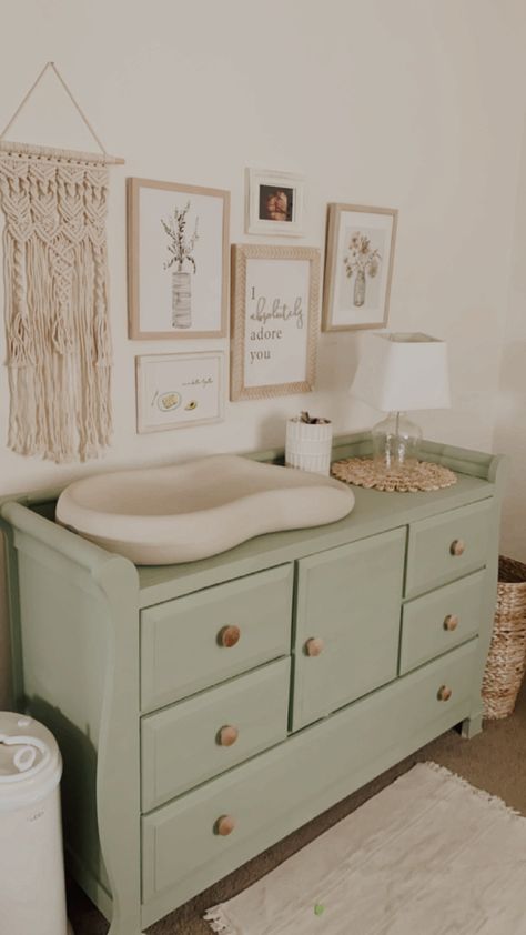 Green Changing Table Dresser, Nursery Art Over Dresser, Green Changing Table Dressers, Nursery Dresser Color Ideas, Sage Green Nursery Dresser, Green Dresser In Nursery, Sage Green Natural Wood Nursery, Nursery Ideas Neutral Sage Green, Green And Natural Nursery