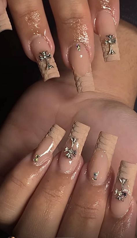 Tan Nails Design Ideas, Nail Designs Champagne Color, Mid Nail Designs, Beige Birthday Nails, Mid Long Nails, Beige Acrylic Nails Design, Nude Nails With Charms, Light Brown Nail Ideas, Tan And White Nails