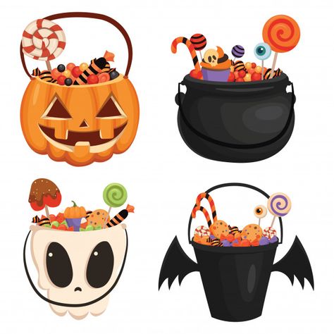 Set of halloween pumpkin bucket filled w... | Premium Vector #Freepik #vector Halloween Art Drawing, Bucket Drawing, Candy Drawing, Dulces Halloween, Happy Halloween Banner, Pumpkin Drawing, Basket Drawing, Pumpkin Bucket, Pumpkin Illustration