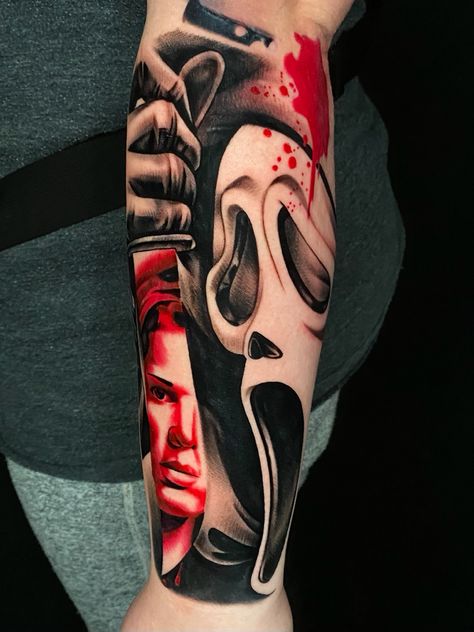 Ghost face portrait tattoo Trash Polka Horror Tattoo, Cool Scary Tattoos, Horror Forearm Tattoo, Horror Neck Tattoo, Scream Face Tattoo, Jason Tattoo Design, Scream Tattoo Design, Scream Mask Tattoo, Slasher Tattoo