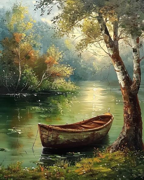 Health & Wellness Academy Beautiful Landscape Paintings, Landscape Painting Tutorial, River Painting, Boat Painting, Landscape Art Painting, Textured Canvas Art, Impressionism Art, Nature Art Painting, Pastel Art