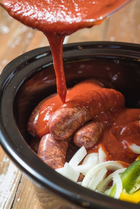 Slow Cooker Sausage with Peppers and Onions Crockpot Summer, Sausage With Peppers And Onions, Slow Cooker Tikka Masala, Sausage Slow Cooker, Slow Cooker Sausage, Sausage Peppers And Onions, Sausage Crockpot, Crock Pot Food, Sausage Peppers