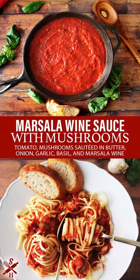 This is a delicious Italian Marsala wine sauce with mushrooms made with a tomato base, mushrooms sautéed in butter, onion, garlic, basil, and Marsala wine. Serve over pasta with steak or chicken. Pasta With Steak, Cooking Wine Recipes, Red Wine Pasta Sauce, Wine Pasta Sauce, Mushrooms Sauce, Marsala Pasta, Mushroom Pasta Sauce, Chicken Marsala Recipe, Wine Chicken