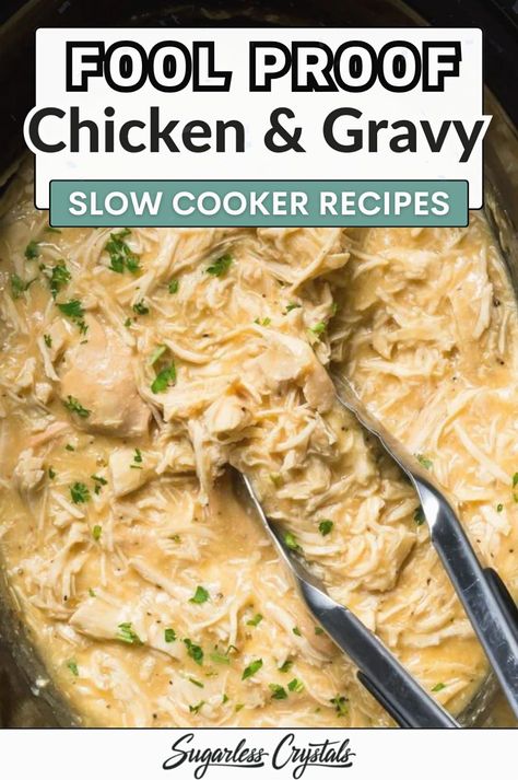 Homemade Crockpot chicken and gravy is crazy easy to make with only a few ingredients. Easily take care of your next meal with tender chicken in savory gravy. An easy slow cooker chicken dinner recipe that goes great with mashed potato! This shredded chicken and gravy recipe is a nice easy meal for those busy weeknights. Mexican Chicken Gravy Recipe, Homemade Chicken And Gravy Crockpot, Shredded Chicken And Mashed Potatoes, Crockpot Shredded Chicken Recipes, Shredded Chicken Recipes Crockpot, Shredded Chicken And Gravy, Slow Cooker Chicken And Gravy, Family Lunch Recipes, Crockpot Chicken And Gravy