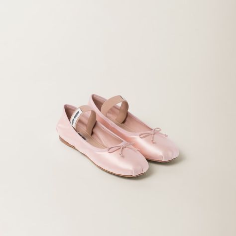 Orchid Pink Satin Ballerinas | Miu Miu Miu Miu Ballet Heels, Miu Miu Ballet, Ballet Heels, Miu Miu Shoes, Cocoa Brown, Satin Pumps, Winter 2022, Miu Miu Ballet Flats, Spring 2024