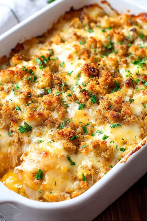 This Swiss chicken casserole is creamy, cheesy, and so comforting! The blend of chicken, stuffing mix, cream of chicken soup, and cheese is amazing. Swiss Cheese Chicken Casserole, Chicken And Cream Of Celery Recipes, Chicken Caesar Casserole, Chicken Breast With Cream Of Chicken, Recipes Using Cream Of Chicken Soup, 3 Ingredient Chicken Recipes, Swiss Chicken Casserole, Swiss Chicken, Chicken Stuffing Casserole