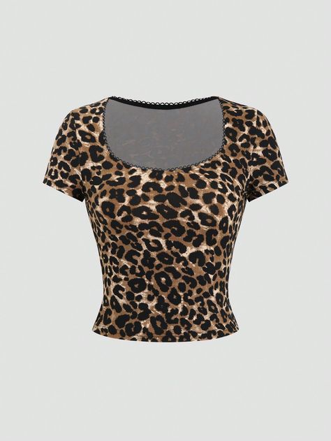 Women's Summer Leopard Print Short Sleeve Slim Fit T-Shirt Multicolor Casual  Short Sleeve Knitted Fabric Leopard Print,Textured Pattern  High Stretch  Women Clothing, size features are:Bust: ,Length: ,Sleeve Length: Leopard Print Clothes, Cheetah Print Shirt, Leopard Print Accessories, Cheetah Print Shirts, Cheetah Print Top, Leopard Outfits, Animal Print Shirt, Leopard Shirt, Leopard Print Shorts