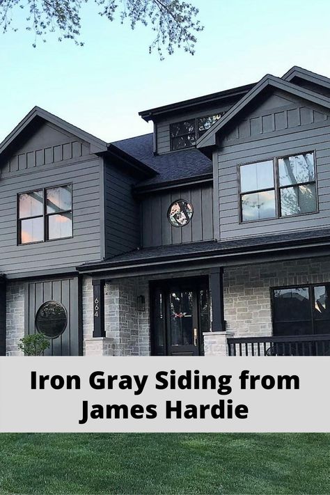 Iron Gray House Exterior, Carbon Color Siding House, Urban Iron Vinyl Siding, James Hardie Iron Gray Siding, Hardie Board Iron Gray, Dark Grey House Exterior Black Trim, James Hardie Night Gray Siding, Iron Grey House Exterior, Lp Siding Color Combinations