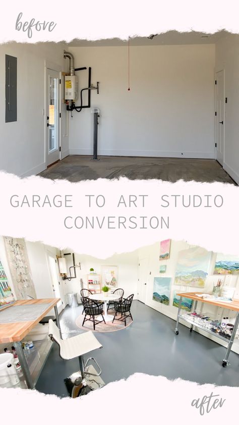 Garage Studio Office, Garage Creative Space, Ranch Garage Conversion, Garage Into Craft Room, Garage Office Space, Garage Art Studio Ideas Workspaces, Art Studio In Garage, Garage To Studio Conversion, Garage Into Art Studio