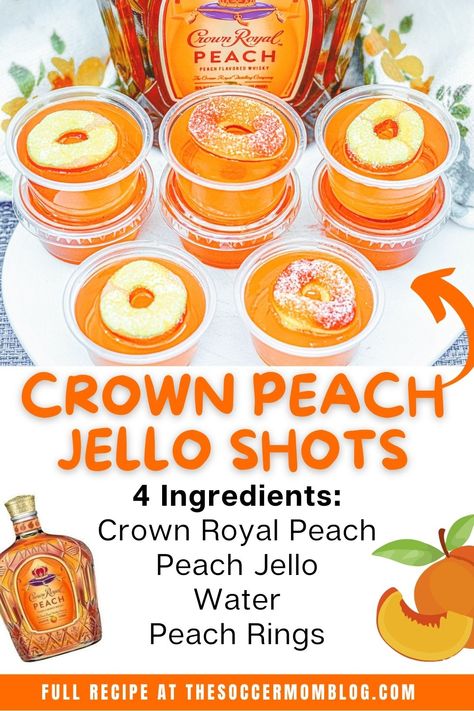 Peach Jello Shots Recipe, Peach Jello Shots, Crown Royal Peach, Jello Shots Recipe, Peach Jello, Peach Drinks, Jello Shot, Pudding Shots, Jello Shot Recipes