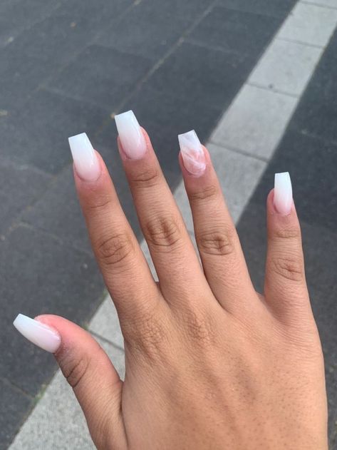 Ombre Nails Milky White, Milky White Nails Acrylic Glitter, Milky White Nails With Glitter Ombre, Acrylic White Nails With Design, Ballerina Shaped Nails Designs, White Nails Mid Length, Milky Nails With Design Short, Milky With Nails, Ombre Milky White Nails