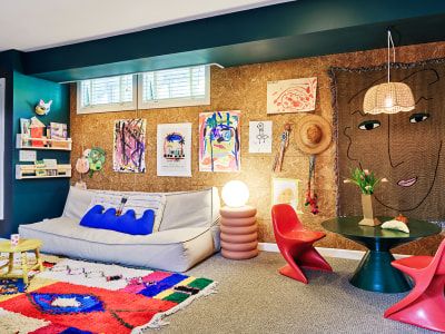 Basement Rumpus Room, Kids Basement Bedroom, Family Hangout Room Ideas, Basement Playroom Design, Basement Kids Hangout, Kids Lounge Room Ideas, Teen Playroom Ideas, Basement Hangout Ideas, Basement Kids Playroom