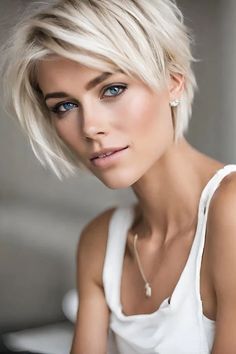 Thick Short Pixie Haircut, Blond Pixie Bob Haircut, Messy Short Fine Hair, Short Platinum Blonde Hairstyles, Blonde Short Hairstyles Pixies, Short 2024 Hair, Edgy Pixie Bob Haircut, Cute Fun Hairstyles For Short Hair, Haircuts 2024 Short