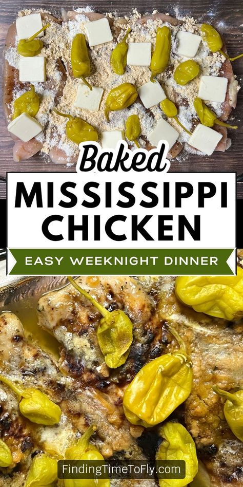 This easy baked version of flavorful Mississippi Chicken is a lighter version of the classic Mississippi Pot Roast. Use 3 flavor packets along with pepperoncini peppers and some butter to create a delicious, quick weeknight dinner. This hearty recipe promises ease & an explosion of flavors with each bite. Flavored with ranch dressing mix, au jus mix, and chicken gravy mix, this Oven Baked Mississippi Chicken is flavor packed and easy to make. Mississippi Chicken Oven, Oven Baked Mississippi Chicken, Baked Mississippi Chicken, Easy Baked Dinner, Chicken Oven Recipe, Chicken Gravy Mix, Easy Oven Recipes, Chicken Oven, Mississippi Chicken