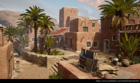 Hanna Chen - The Desert Village (Final) Desert Village, Stylized Environment, Ancient Egyptian Architecture, Mom Drawing, African Village, Egypt Concept Art, City Zoo, Fantasy World Map, Desert Environment