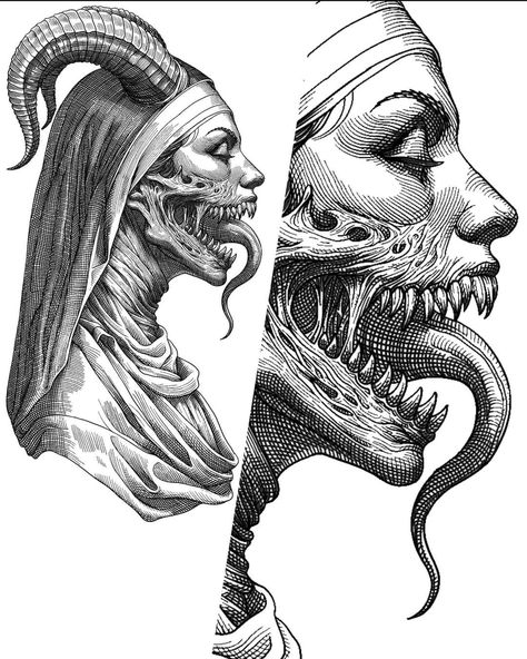 Different Types Of Art, Monster Sketch, Japan Tattoo Design, Horror Tattoo, Dark Art Tattoo, Tattoo Style Drawings, Unique Drawings, Tattoo Art Drawings, Dark Art Drawings