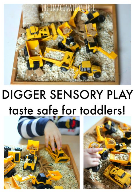 Make a simple taste safe digger sensory bin for toddlers and older babies using everyday kitchen materials! Wonderful for sensory exploration for little hands and the development of imaginative and role play too. Sensory Bin For Toddlers, Tuff Tray Ideas Toddlers, Preschool Construction, Kitchen Materials, Imagination Tree, Sensory Exploration, Sensory Ideas, Construction Activities, Homeschool Crafts