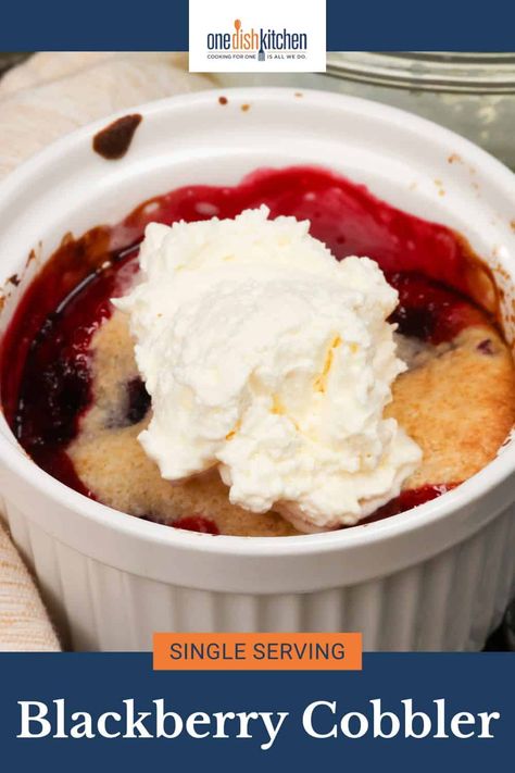 Enjoy a quick and easy single serving blackberry cobbler with fresh blackberries and a fluffy golden topping. Perfect for a sweet treat anytime. Mini Blackberry Cobbler, Mini Cobbler, Simple Easy Desserts, Cobbler For One, Recipes For One Person, Baking Dish Recipes, Blackberry Crisp, Blackberry Cobbler Recipe, Mini Meals