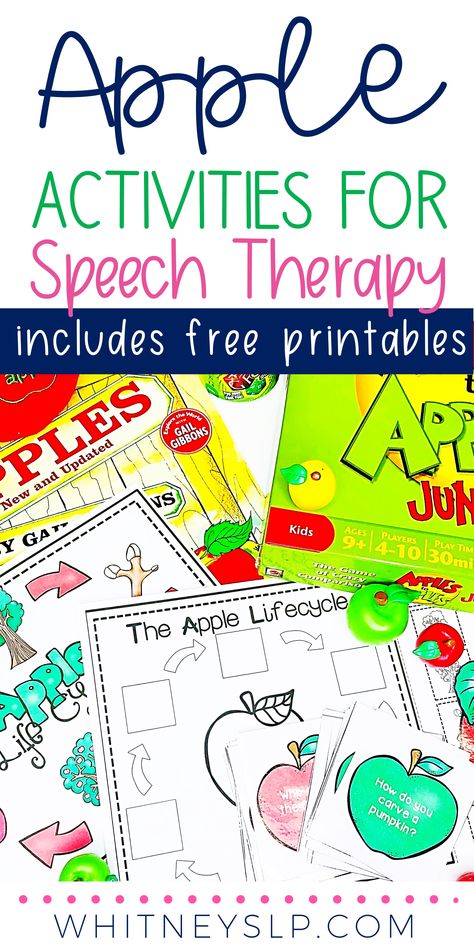 If you're looking for apple activities for speech therapy, this post is for you! Includes tons of activities to target all of your speech and language goals with an apple theme....freebies included! Apple Speech And Language Activities, Speech Therapy Apple Theme, Apple Theme Speech Therapy Activities, Apple Speech Therapy, Apple Speech Therapy Activities, Apple Theme Speech Therapy, Fall Speech Therapy Crafts, September Speech Therapy Activities, Fall Speech Therapy Activities