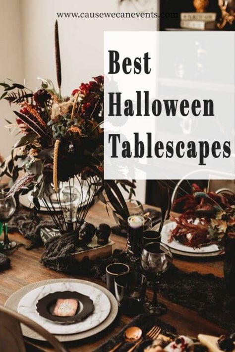 Diy Halloween Decorations Table, Spooky Centerpiece Ideas, Halloween Brunch Decorations, Halloween Dinner Party Table Setting, Fall Halloween Tablescapes, Classy Halloween Table Decor, Table Settings Halloween, Halloween Diner Decor, Halloween Dining Table Decorations