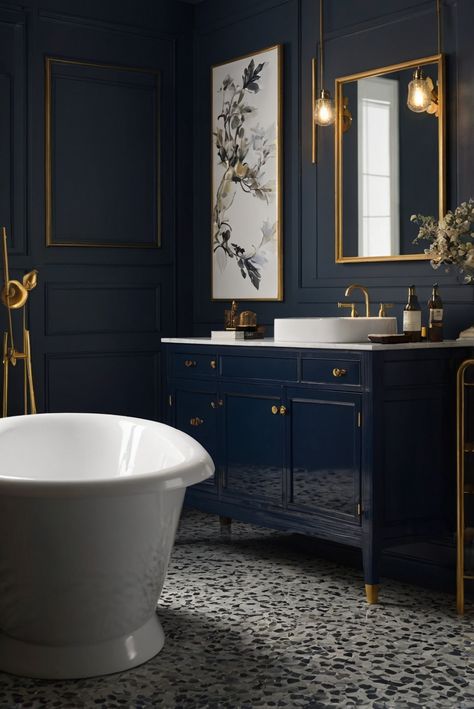 Immerse yourself in the luxurious allure of Moscow Midnight (SW 9142) with glamorous blue décor for a stunning bathroom transformation. Elevate your space with moody hues and elegant style! #Ad #homedecor #homedesign #bathroom #Painthome interiorarchitecture best Wall Colors for Bathroom Colors
Bright Room Colors
best colors combinations bathroom
bathroom Remodeling
Modern Paint Colors
2024 Dark Colors Bathroom, Light Blue Half Bathroom, Blue Bathroom Paint Ideas, Dark Blue Powder Room, Deep Blue Bathroom, Moody Blue Bathroom, Bathroom Dark Blue, Blue Master Bath, Midnight Blue Bathroom