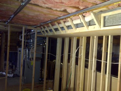 Basement Framing, Soffit Ideas, Framing Basement Walls, Building A Basement, Low Ceiling Basement, Finish Basement, Basement Finish, Basement Home Theater, Basement Remodel Diy