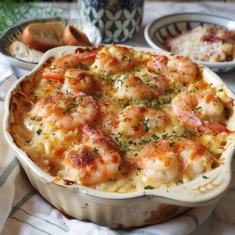 Shrimp and Scallop Gratin with Cauliflower Ingredients: For the Gratin: 1 lb (450g) shrimp, peeled and deveined 1 lb (450g) sea scallops, cleaned 1 small head of cauliflower, cut into florets 2 tbsp olive oil 3 tbsp butter 2 cloves garlic, minced 1 cup heavy cream 1 cup grated Gruyère cheese 1/2 cup grated Parmesan cheese 1/2 cup breadcrumbs 1/4 cup fresh parsley, chopped Salt and pepper to taste Fresh parsley for garnish Instructions: Prepare the Cauliflower: Preheat your oven to 375°F (190... Shrimp Gratin, Scallop Gratin, Shrimp Cheese, Cooked Cauliflower, Eating Food Funny, Sea Scallops, Head Of Cauliflower, Small Head, Fair Food Recipes