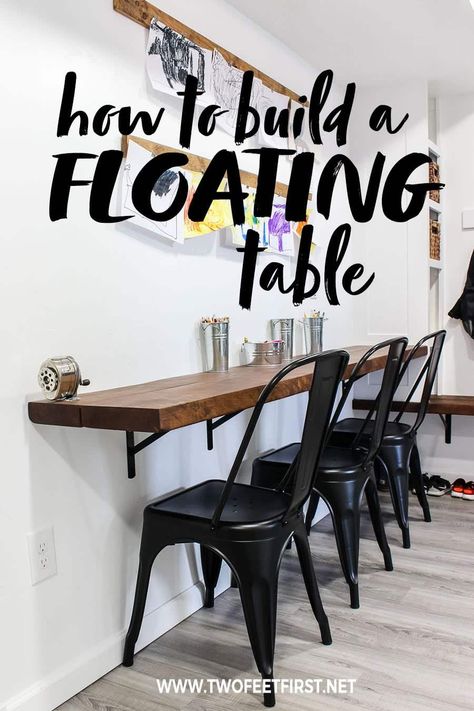 Do you want a wall-mounted desk that can be placed on almost any wall? Here is a DIY tutorial on how to build your own floating desk plus the process is easy! This will be the perfect solution for your home office or maybe for the kid's room. #twofeetfirst #diy #howto #desk #homeoffice Floating Table, Tim Allen, Build A Wall, Wall Mounted Desk, Floating Desk, Kids' Desk, Diy Desk, Break Room, Basement Remodeling