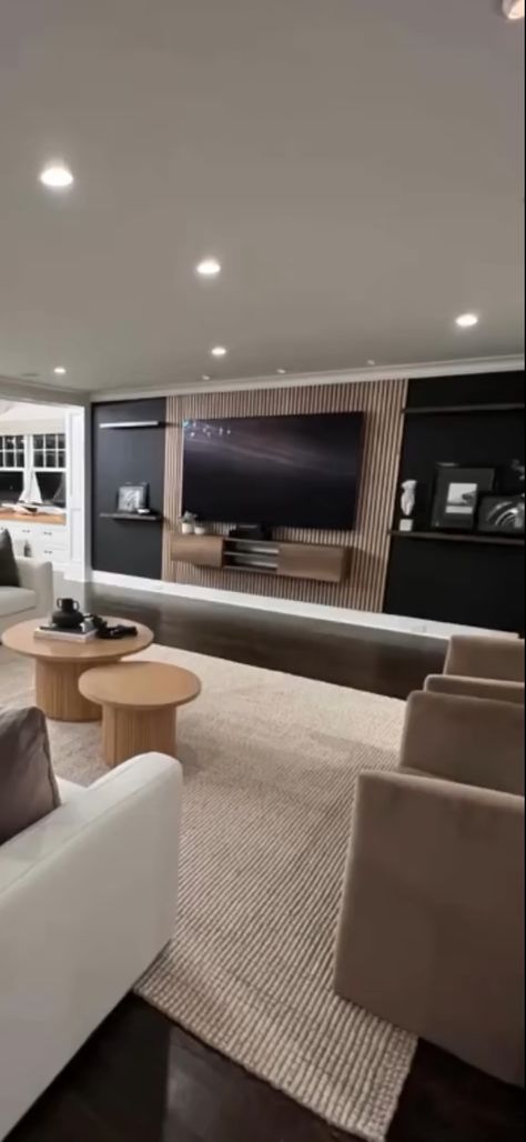 Modern Traditional Basement, Modern Basement Tv Area, Basement Tv Game Table, Simple Game Room Ideas, Basement Ideas Fireplace, Basement With Office Area, No Window Basement Ideas, Basement Game Area, Projection Tv Ideas Basements