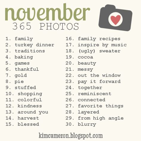 Kim Cameron's Designs: 365 Photos Challenge 365 Day Photo Challenge 2024, November Photo Challenge 2024, 365 Photo Challenge Ideas, Monthly Photo Challenge, November List, November Photo Challenge, Monthly Prompts, 365 Photo Challenge, Photography Bucket List