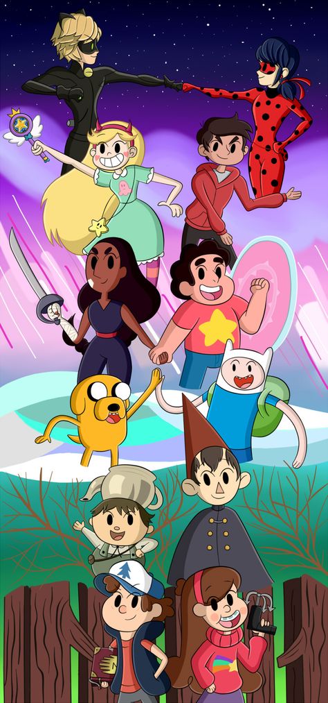 HOLY COW YES I LOVE ALL OF THESE Group Of 5 Cartoon Characters, Cartoons To Watch, Gravity Falls Crossover, Cartoon Friends, Fan Art Anime, Disney Crossover, Desenhos Gravity Falls, Fandom Crossover, Over The Garden Wall