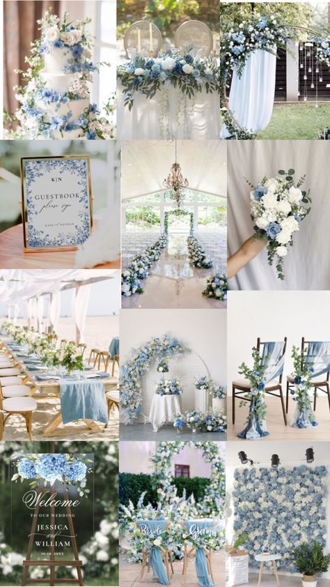 Light Blue Greenery Wedding, Wedding Decor Light Blue, Blue Hydrangea Wedding Theme, French Blue Garden Wedding, Safe Green And Blue Wedding, Blue Themed Wedding Decor, Bridgerton Blue Aesthetic, Dusty Blue And White Wedding Theme, White And Blue Wedding Reception