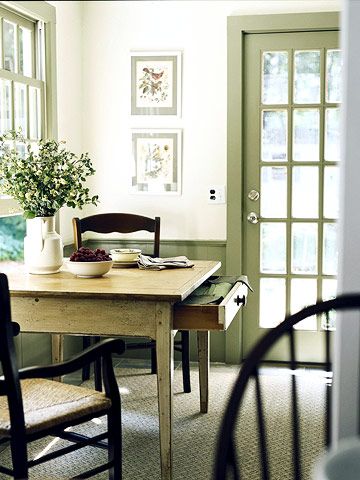 Windows Interior, Kitchen Dining Room Combo, Green Dining Room, Green Windows, Green Country, Dining Room Combo, French Cottage, Green Interiors, Carriage House