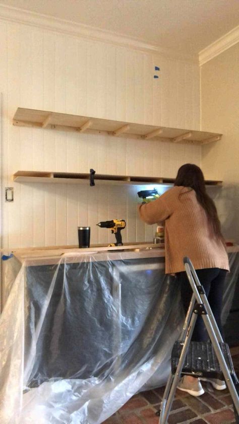 4 Step DIY Floating Shelves - House On Longwood Lane Diy Sturdy Floating Shelves, Floating Shelves Kitchen Diy, Floating Shelves Diy Easy, Cheap Floating Shelves, Diy Dry Bar, Floating Shelf Plans, Shelf Plans, Heavy Duty Floating Shelves, How To Make Floating Shelves