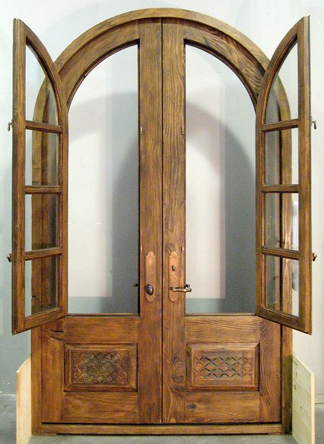 Custom French Doors - La Puerta Originals Vintage French Doors Patio, Interior Arched French Doors, Spanish Double Doors, Curved French Doors, Vintage Office Door, Antique Arched Doors, Arch Double Doors Interior, French Chateau Doors, Arched French Doors Exterior