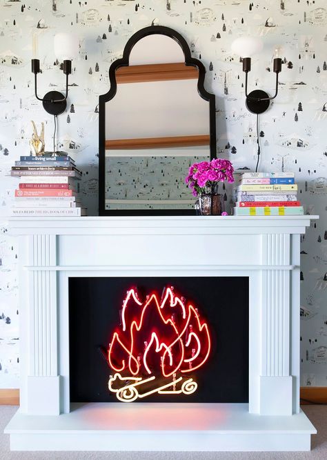 Fireplace Styling, Fake Fireplace, Fireplace Art, Funky Decor, Home Fireplace, Updating House, Mantle Decor, Fireplace Design, Eclectic Home