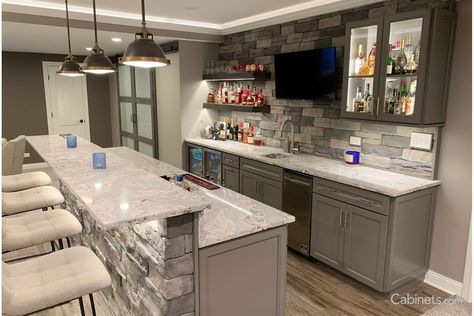 Gray Basement Bar, Stone Bar Ideas, Finished Basement Bars, Basement Bar Remodel, Basement Family Rooms, Gray Basement, Basement Wet Bar, Basement Bar Plans, Home Wet Bar