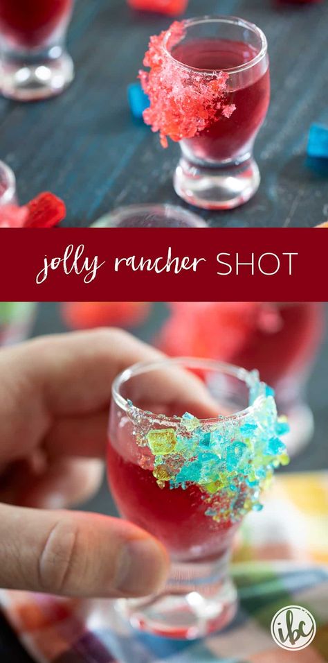 Dive into this vibrant Jolly Rancher shot recipe! It's the perfect blend of fruity liquor garnished with a crushed candy rim. #jollyrancher #shot #vodka #fruity #cocktail Signature Alcoholic Drinks, Fruity Drinks With Alcohol Easy, Fruity Shots Recipes, Mixed Drinks Alcoholic Vodka, Titos Drinks Recipes, Fun Alcoholic Shots, Tasty Shots Recipes, Shots With Whipped Vodka, Big Batch Shots Recipes