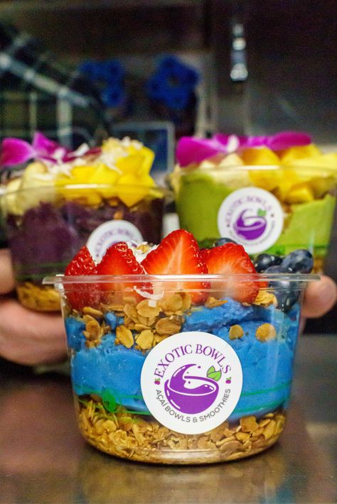 Bring a bit of Brazil to your next gathering with Exotic Bowls' delicious and colorful acai and smoothie fruit bowls 🍓🍌🍍 Contact us today to have this healthy food truck roll up to your event! ⁠ Healthy Food Truck, Vanilla Protein Shake, Bubble Tea Menu, Protein Shake Ingredients, Bowls Healthy, Acai Bowls Recipe, Smoothie Shop, Peanut Butter Nutella, Food Business Ideas