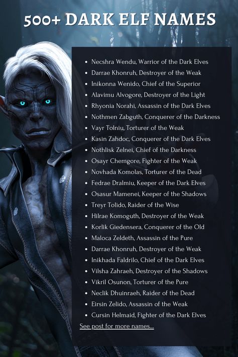 Dark Elf Names, Drow Names, Elf Name Generator, Last Names For Characters, Kingdom Names, Fantasy Story Ideas, Fantasy Character Names, Elf Names, Villain Names