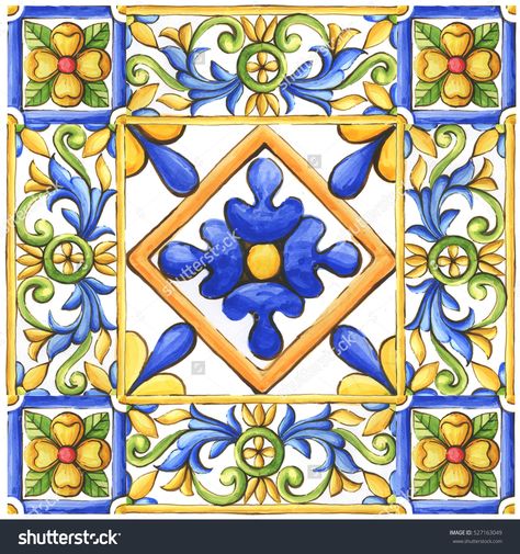 ornaments on the tiles, watercolor, spain, italy, Majolica, floral ornament Mediterranean Pottery, Mediterranean Tile, Italian Majolica, Floral Ornament, Spanish Tile, Italian Ceramics, Painting Tile, Tile Art, Blue And Yellow