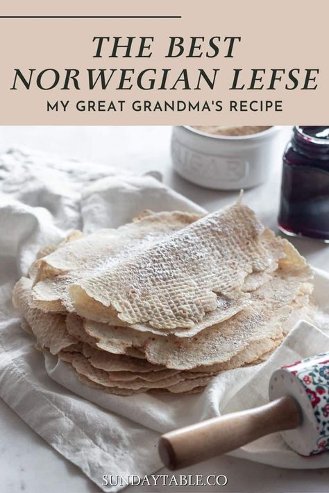 Norwegian lefse is one of my all time favorite recipes for the holidays! Although it is traditionally made at Christmas in the U.S., it's perfect for any time of the year. This post shows how to make Scandinavian lefse step-by-step with a few basic ingredients like potatoes, flour, and salt. They are great with butter and sugar but can also be filled with jam, cream, ham and cheese, meatballs, and more! Based on my Nordic great grandmother's famous recipe, this lefse is easy and always a hit. Norwegian Drinks Recipes, Lefsa Recipes Easy, How To Make Lefse, Lefse Filling, Traditional Scandinavian Food, Norwegian Flatbread Recipes, Norwegian Christmas Desserts, Lefsa Recipe How To Make, Norwegian Bread Recipes