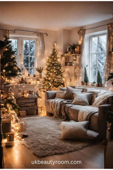 Christmas Lounge Room, Christmas Decoration Living Room, Elegant Christmas Decor Ideas, Living Room Christmas Decor Ideas, Porch Diy, Christmas Lounge, Christmas Living Room Decor Ideas, Bedroom Scandinavian, Scandinavian Christmas Decorations