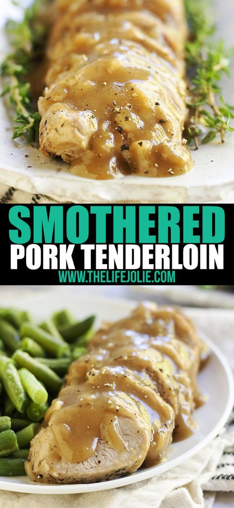 This Smothered Pork Tenderloin in Apple Cider Gravy is the best meaty main dish for dinner. It’s special enough for an intimate dinner party but also makes a quick and cozy weeknight meal! This recipe is so easy but tastes fantastic and comes together pretty quickly! Apple Sauce For Pork Tenderloin, Smothered Pork Tenderloin Recipes, Pork Tenderloin With Gravy Recipes, Gravy For Pork Tenderloin, Pork Tenderloin And Gravy, Smothered Pork Tenderloin, Pork Tenderloin Gravy Recipe, Apple Cider Gravy, Sausage Dinners